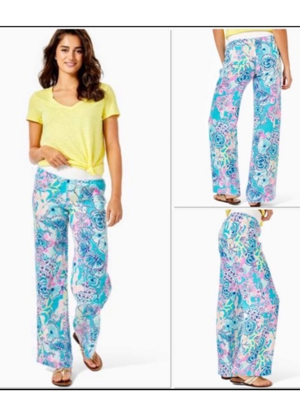 Lilly Pulitzer Teal Pink Floral Wide-Leg Palazzo Pants